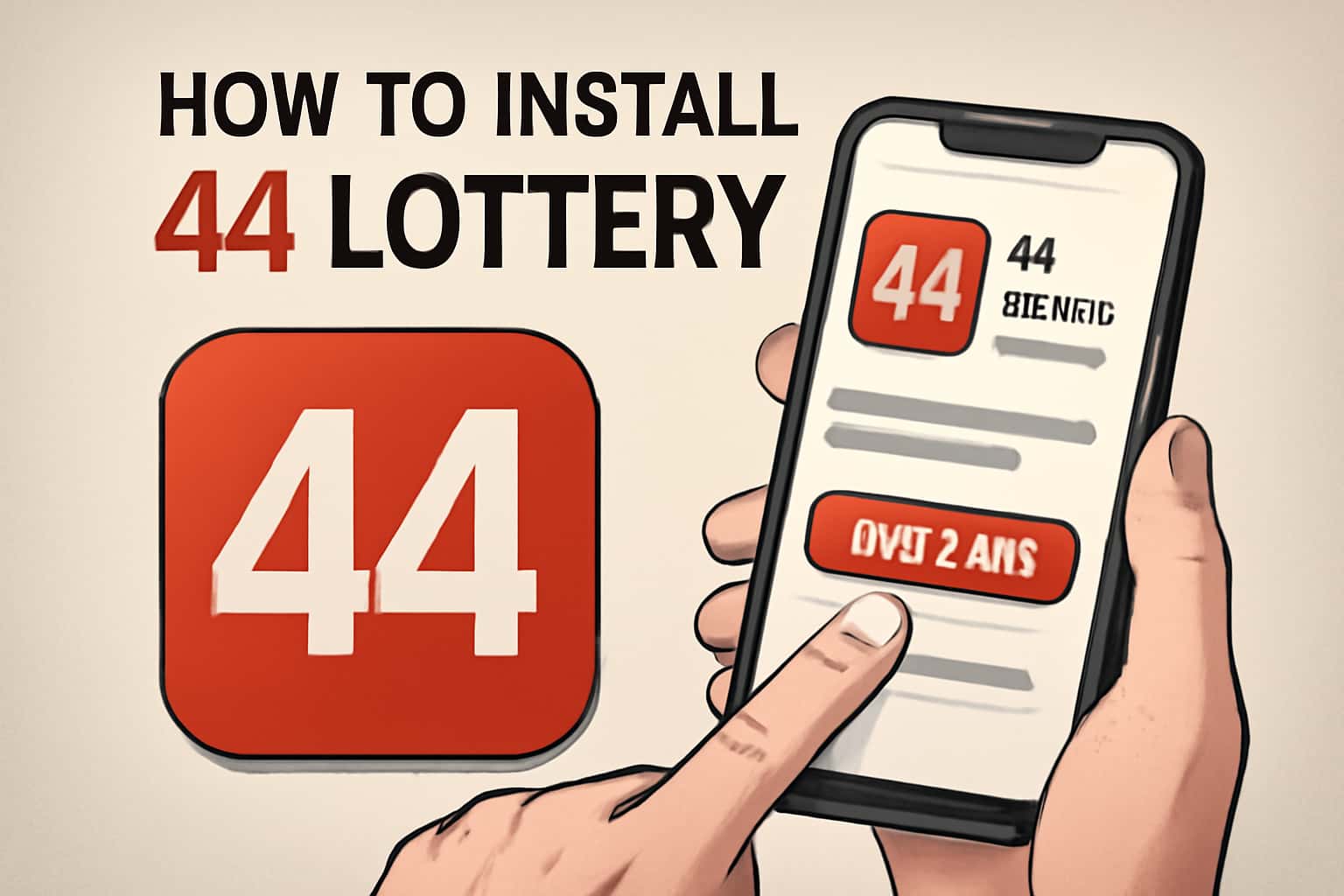 An informational visual guide showcasing the installation process of the 44 Lottery app.