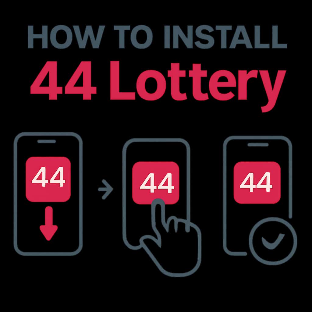 An educational illustration depicting the steps to install the 44 Lottery app.